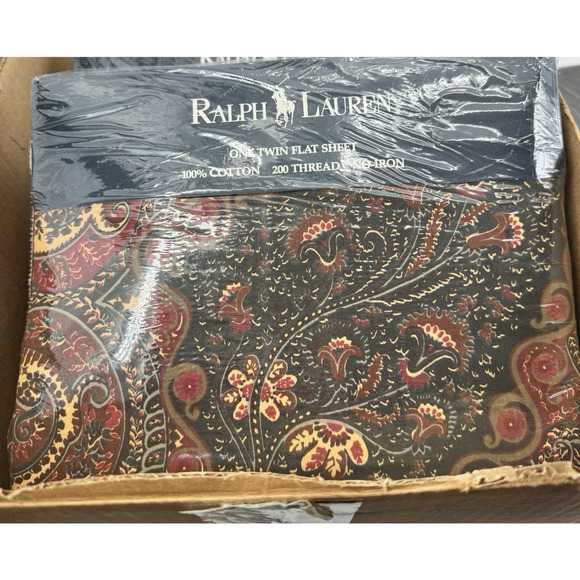 Vintage RALPH LAUREN TWIN Flat Sheet Whitbury Paisley Black Red Brown Combed - Picture 2 of 9